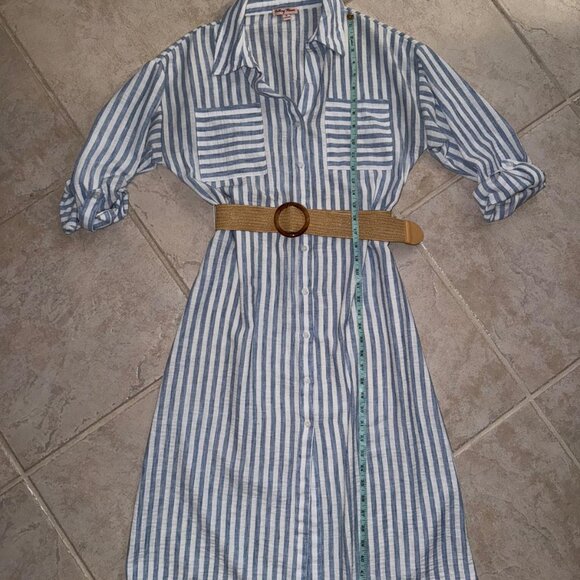 Blue and White stripe shirt dress midi with tan belt size medium 6-8 - Picture 7 of 13